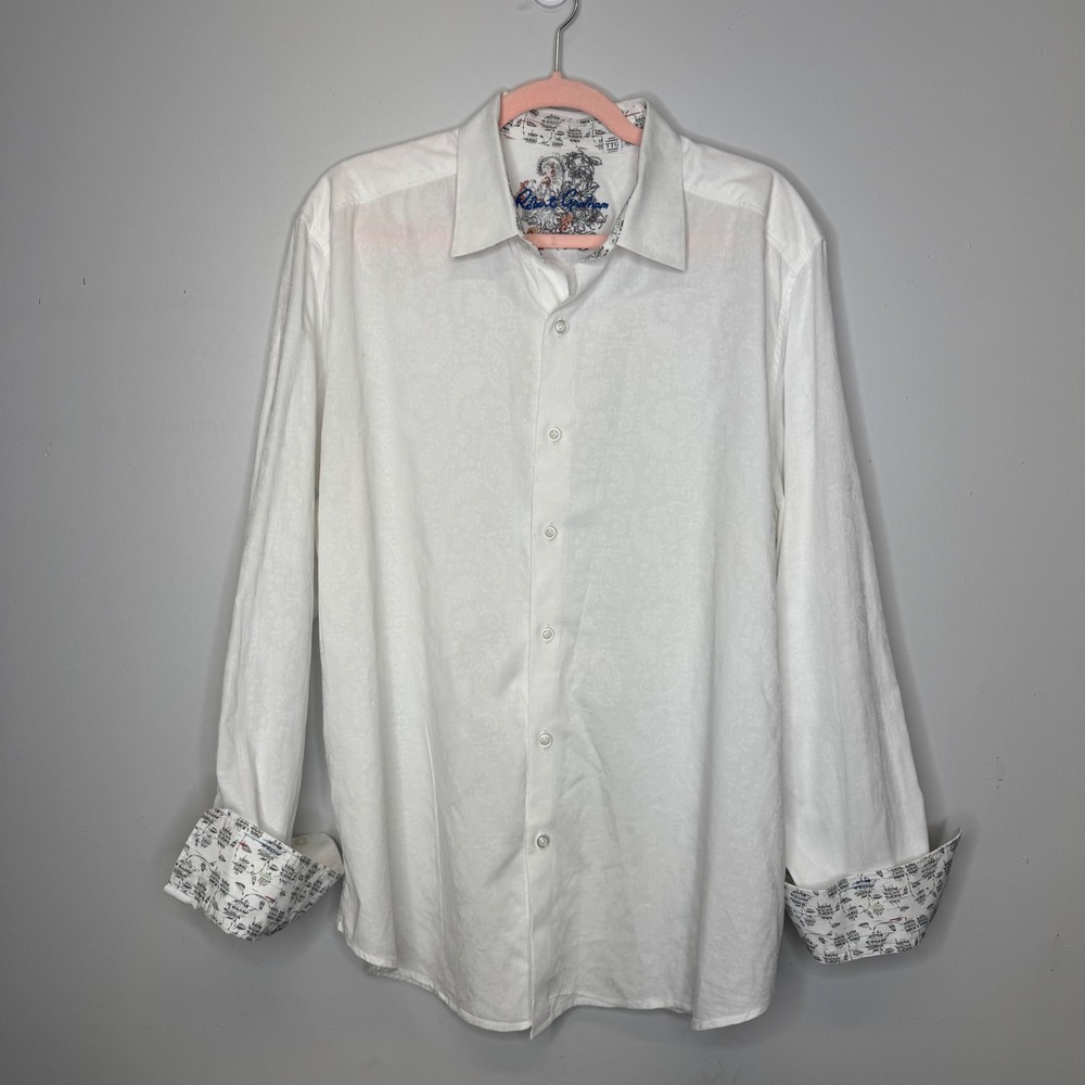 Robert Graham Mens White Jacquard Paisley Button Down Shirt Classic Fit 2XL XXL